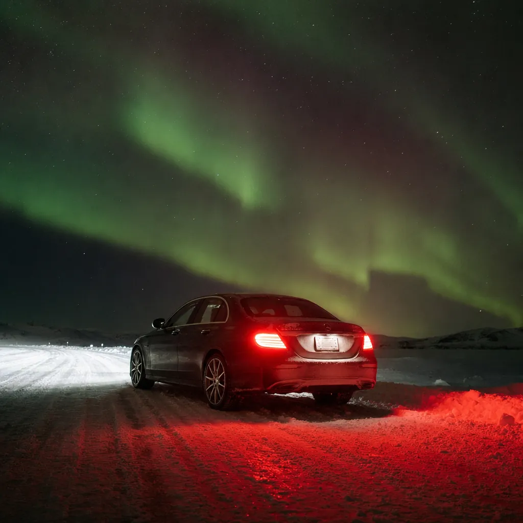 Premium automobile rear three-quarter view parked on a lonely snow-covered Arctic road at night, subtle green aurora curtain in the sky above