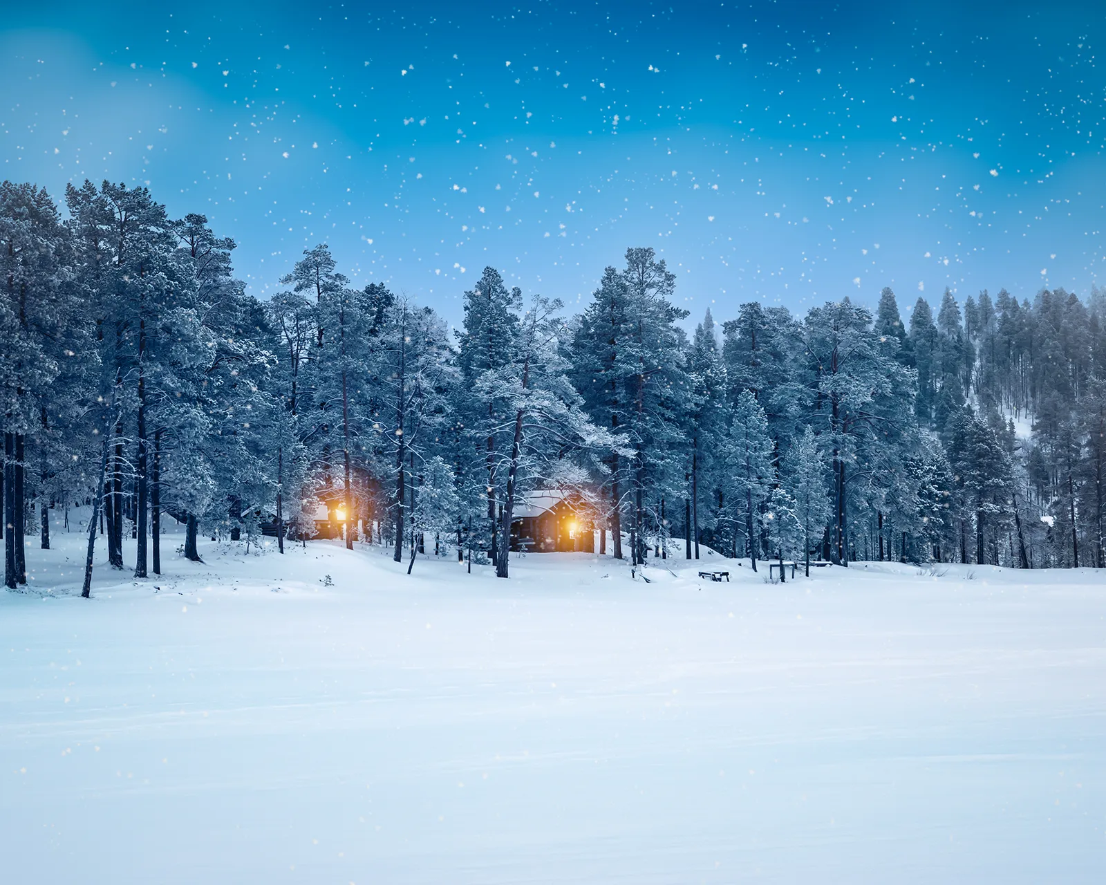 Two log cabins glowing with warm golden light among snow-laden pines in Finnish Lapland as snow falls through deep blue twilight