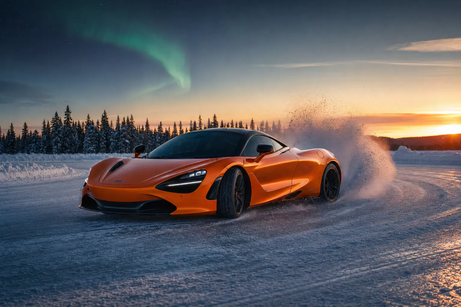 McLaren supercar drifting on a frozen Arctic ice track at twilight, snow spray catching golden light, faint aurora ribbon overhead