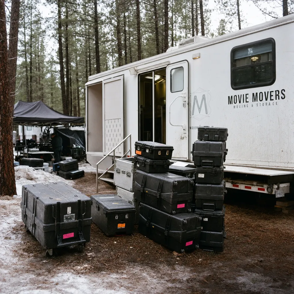 Mobile DIT trailer and equipment basecamp tucked into a pine forest during spring thaw, rugged equipment cases stacked on muddy ground, soft diffused light through trees