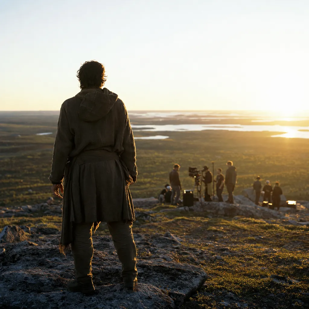 Actor seen from behind on a rocky outcrop overlooking a vast landscape under the low golden midnight sun, distant camera crew setting up a wide shot