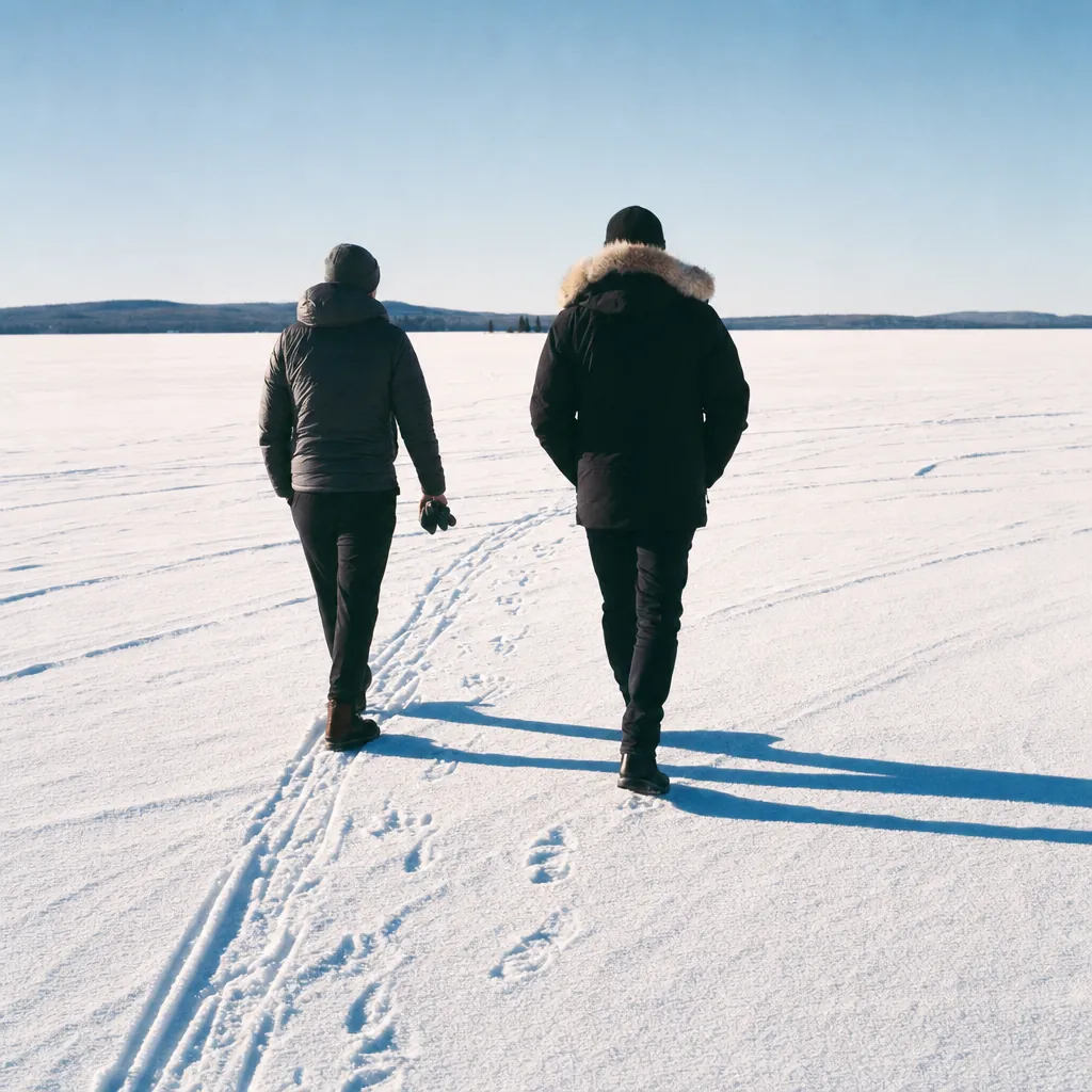 Two figures from behind walking across a vast white frozen lake in spring crust-snow light, premium technical winter gear, long sharp shadows