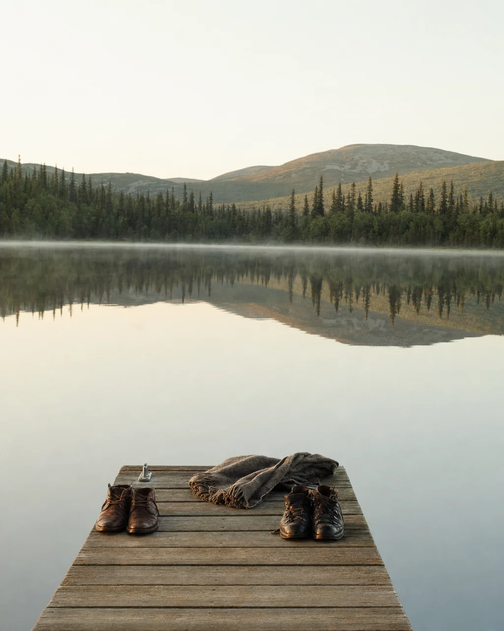 Midnight sun glow over a still Lapland lake at night