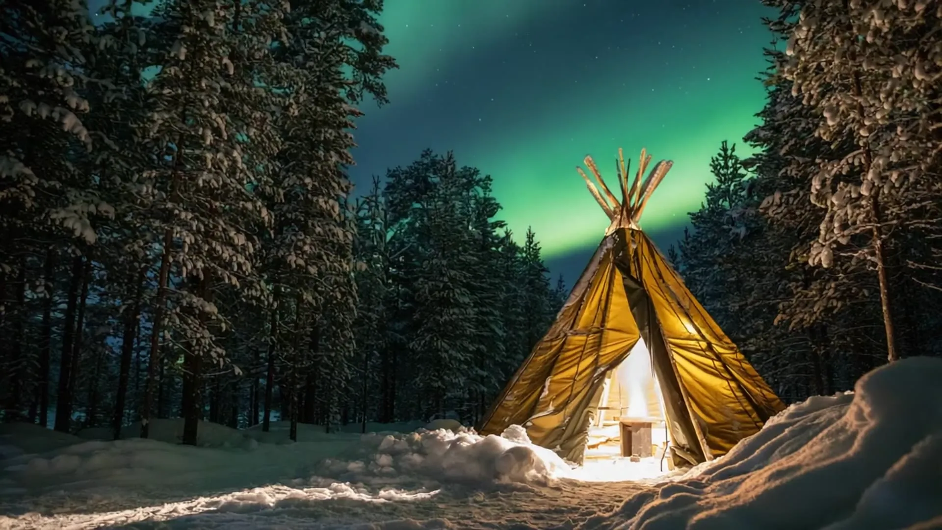 Hotel Kuura under the northern lights — torch-lit winter entrance in Ivalo, Finnish Lapland